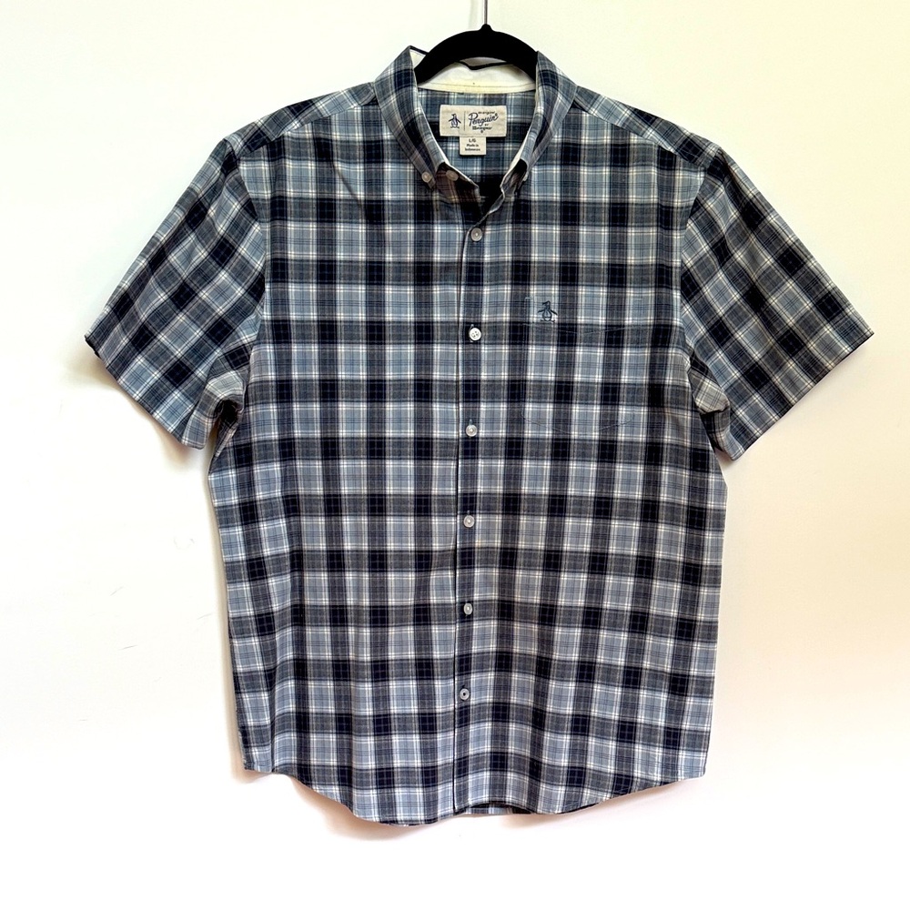 Original Penguin Men's Navy and White Checkered Plaid Button Down Shirt